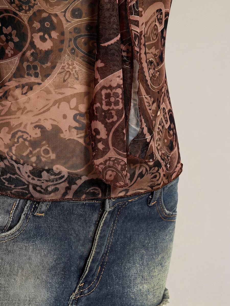 Burgundy paisley print ruched cami top for women featuring thin spaghetti straps, asymmetrical lace-up detail, and a slim fit.