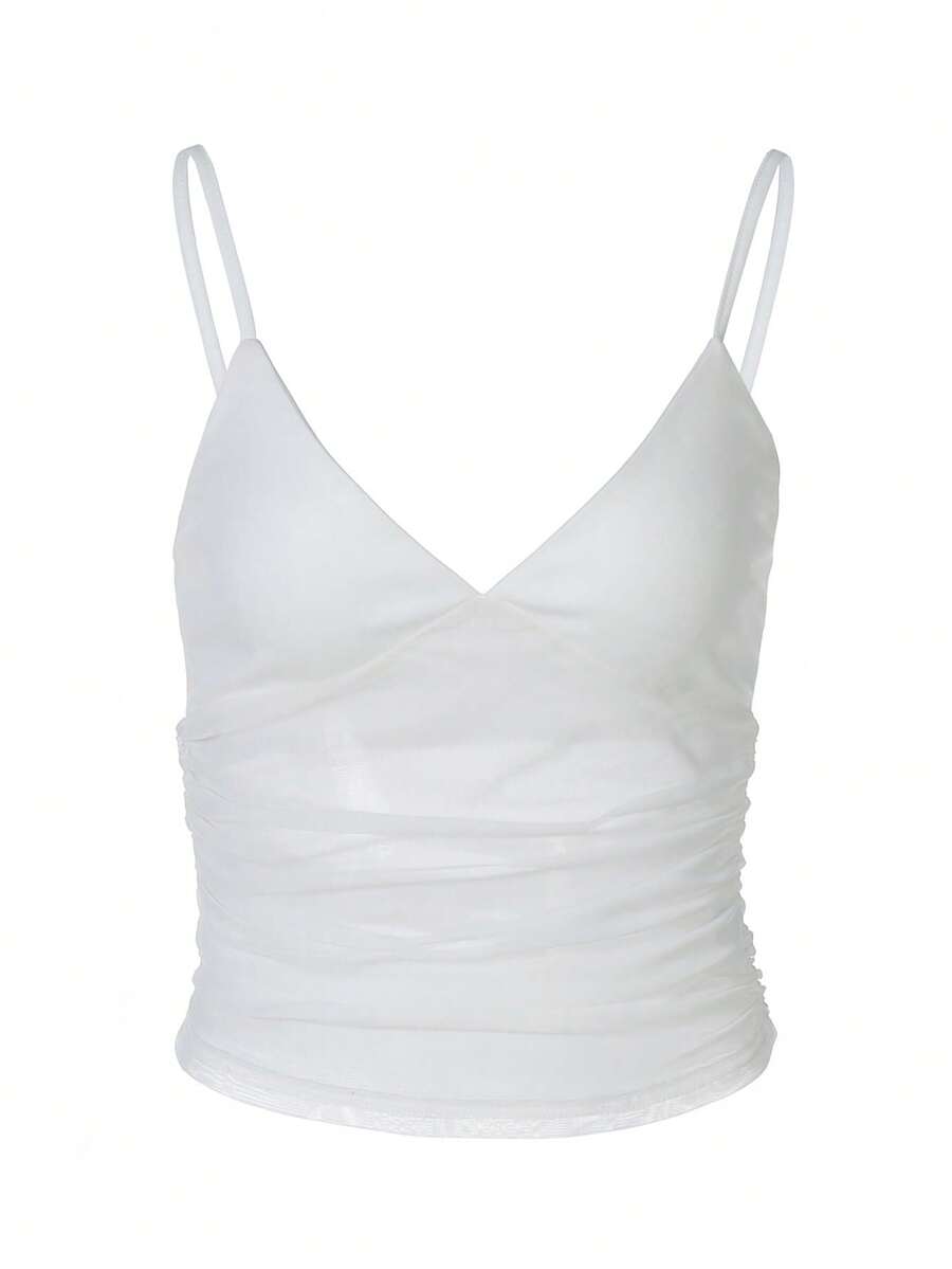 Ruched mesh spaghetti strap camisole top for women featuring semi-sheer details and a slim fit.
