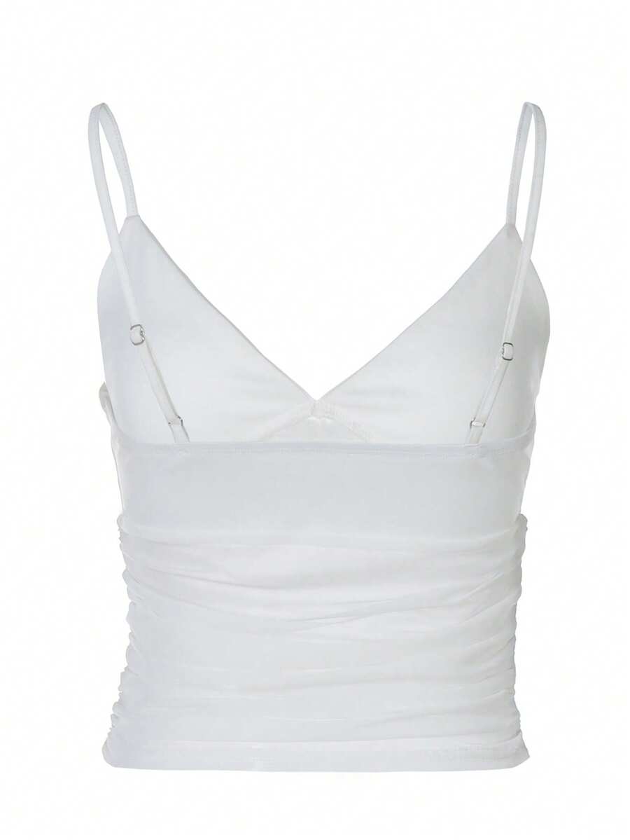 Ruched mesh spaghetti strap camisole top for women featuring semi-sheer details and a slim fit.