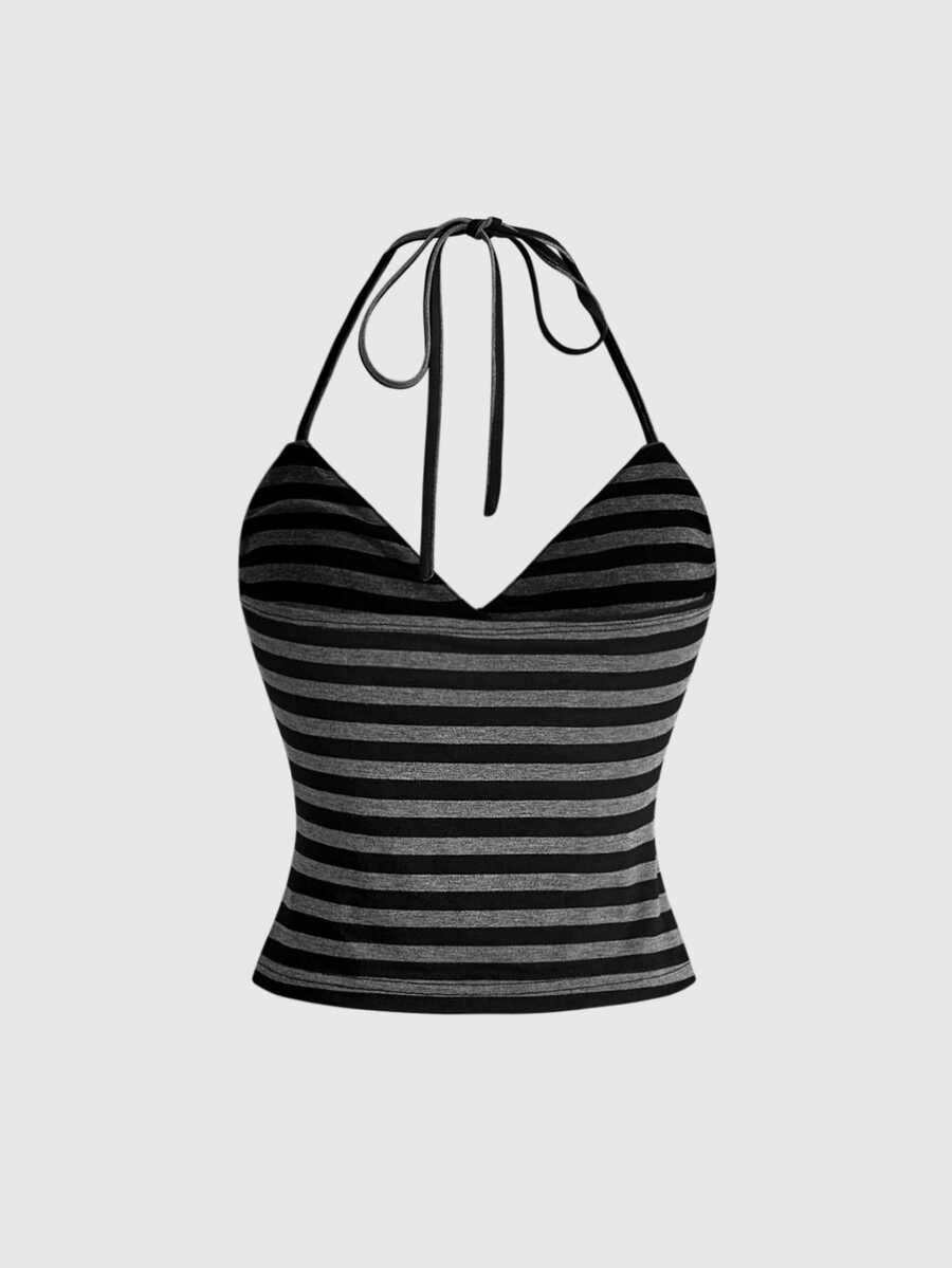 Black backless halter crop top with striped paw print pattern featuring a lace-up back detail.