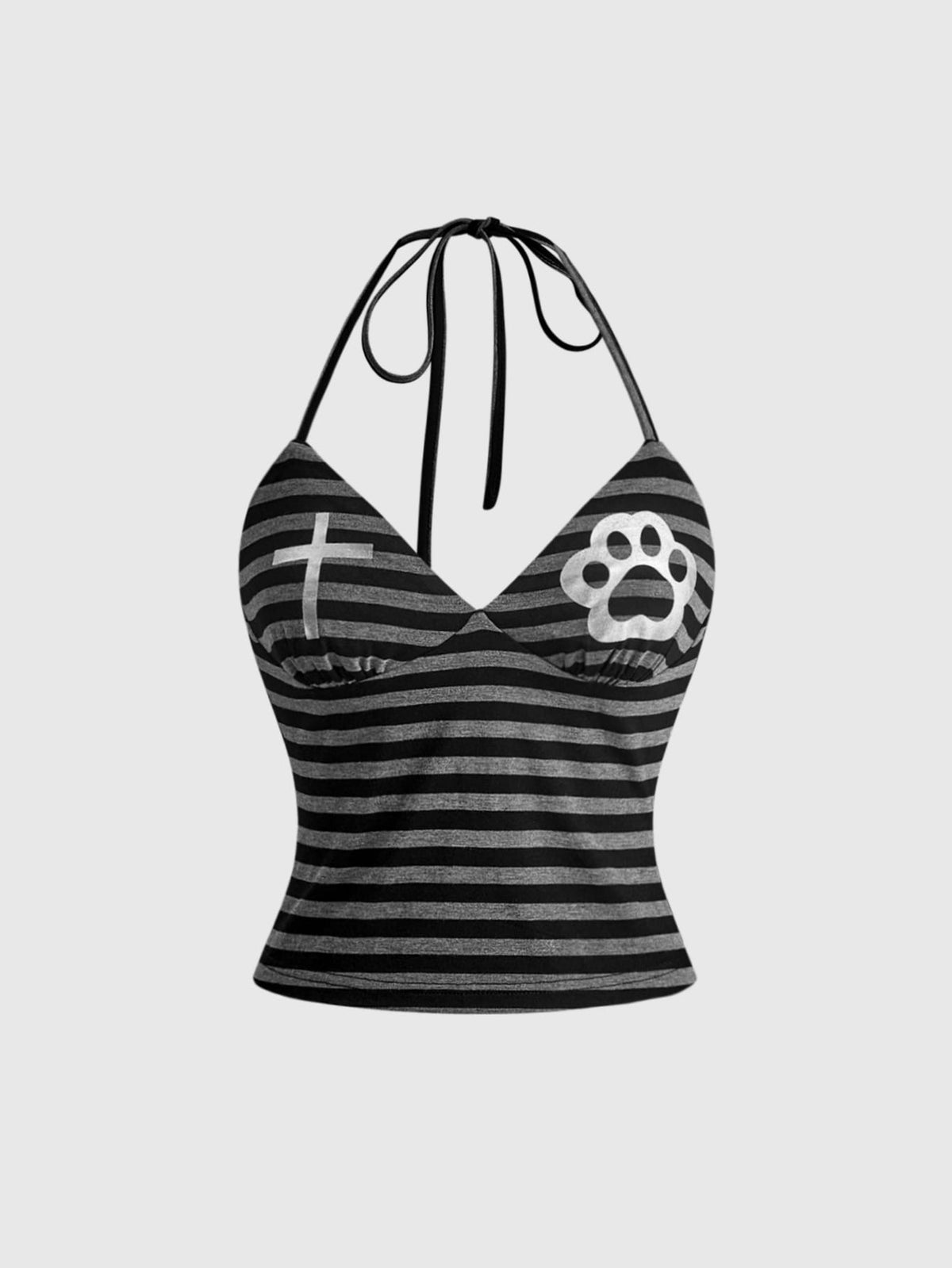 Black backless halter crop top with striped paw print pattern featuring a lace-up back detail.