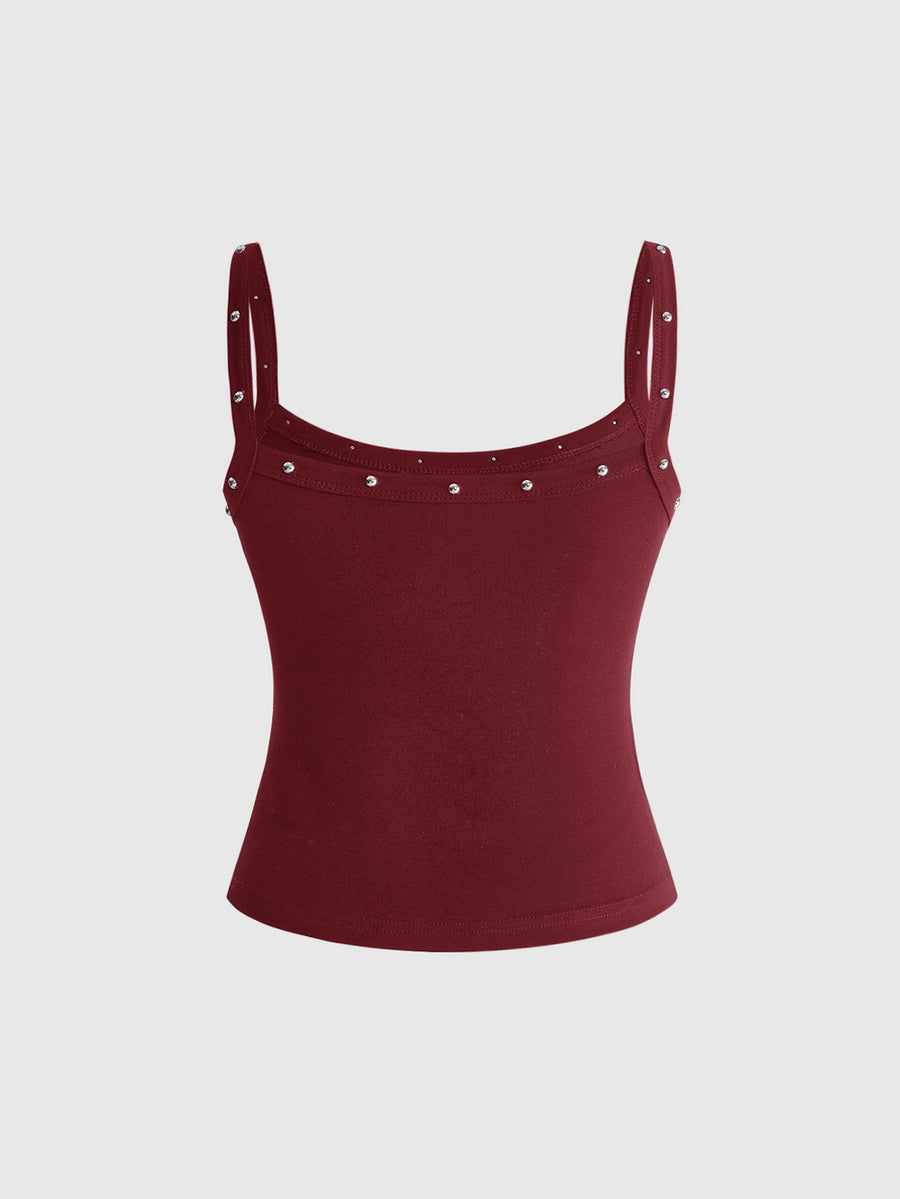 Women's black slim fit cami tank top featuring rhinestone skull accents, shoulder straps, and high-stretch knitted fabric.