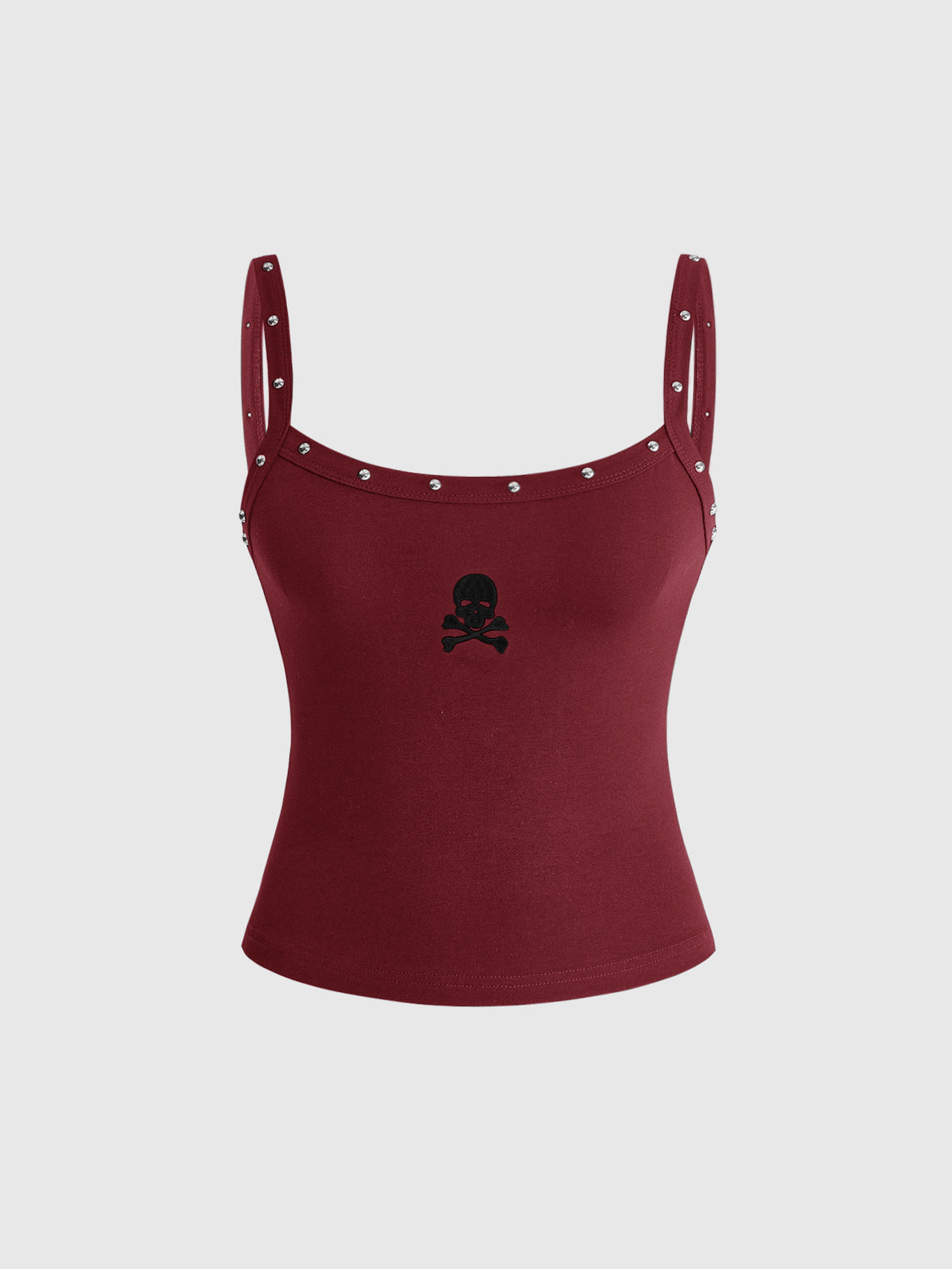 Women's black slim fit cami tank top featuring rhinestone skull accents, shoulder straps, and high-stretch knitted fabric.