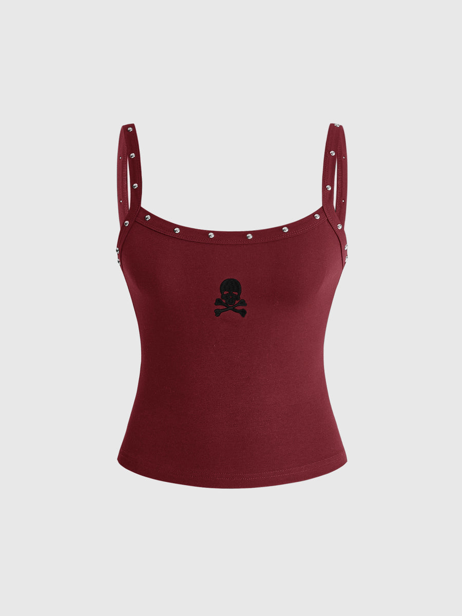 Women's black slim fit cami tank top featuring rhinestone skull accents, shoulder straps, and high-stretch knitted fabric.