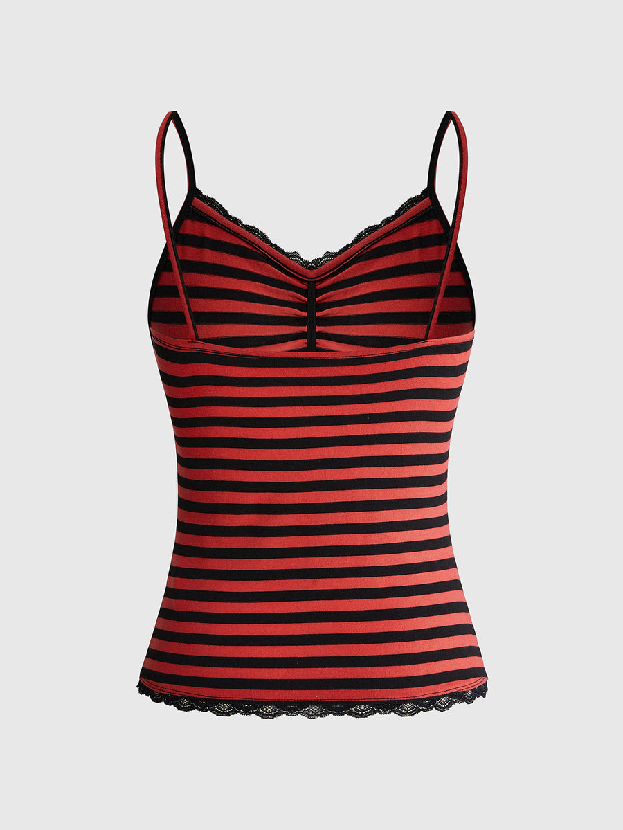 Burgundy and black striped lace trim camisole with spaghetti straps and ruched rib-knit detail.