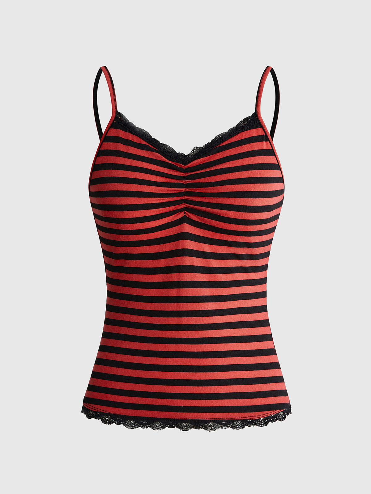Burgundy and black striped lace trim camisole with spaghetti straps and ruched rib-knit detail.