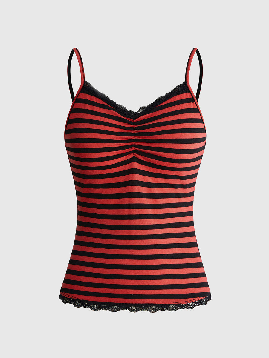 Burgundy and black striped lace trim camisole with spaghetti straps and ruched rib-knit detail.