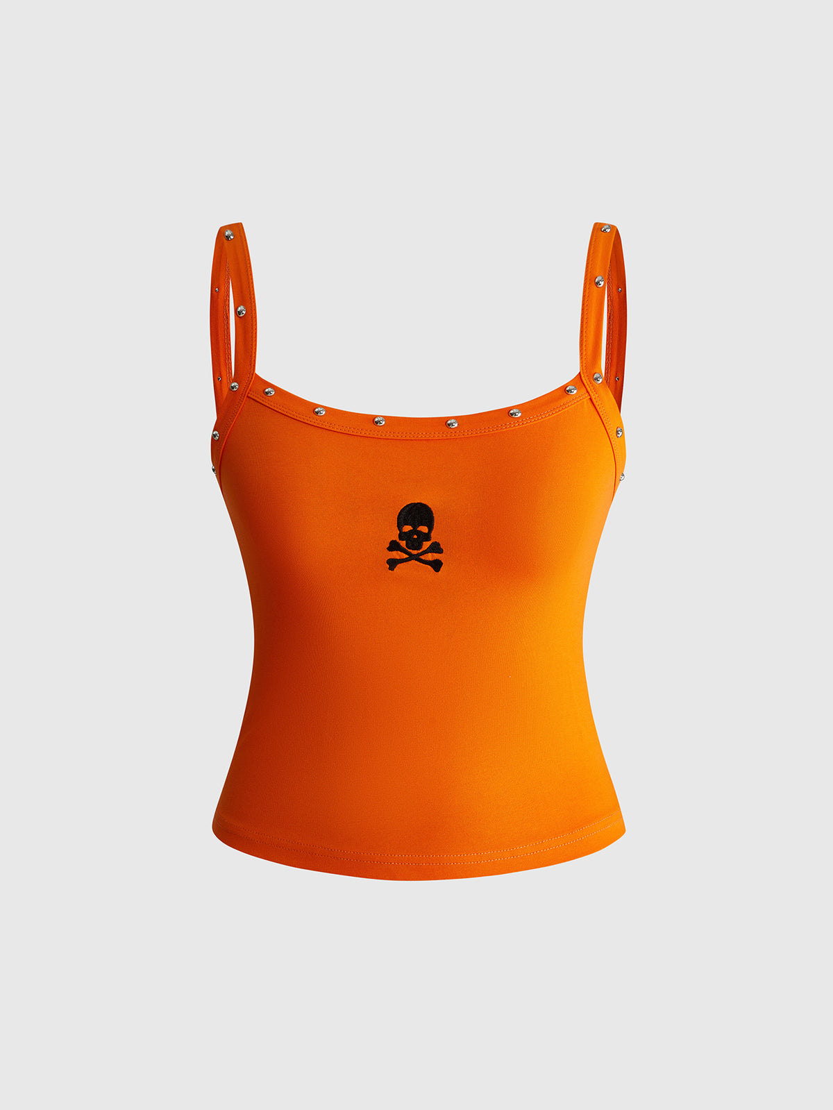Women's black slim fit cami tank top featuring rhinestone skull accents, shoulder straps, and high-stretch knitted fabric.