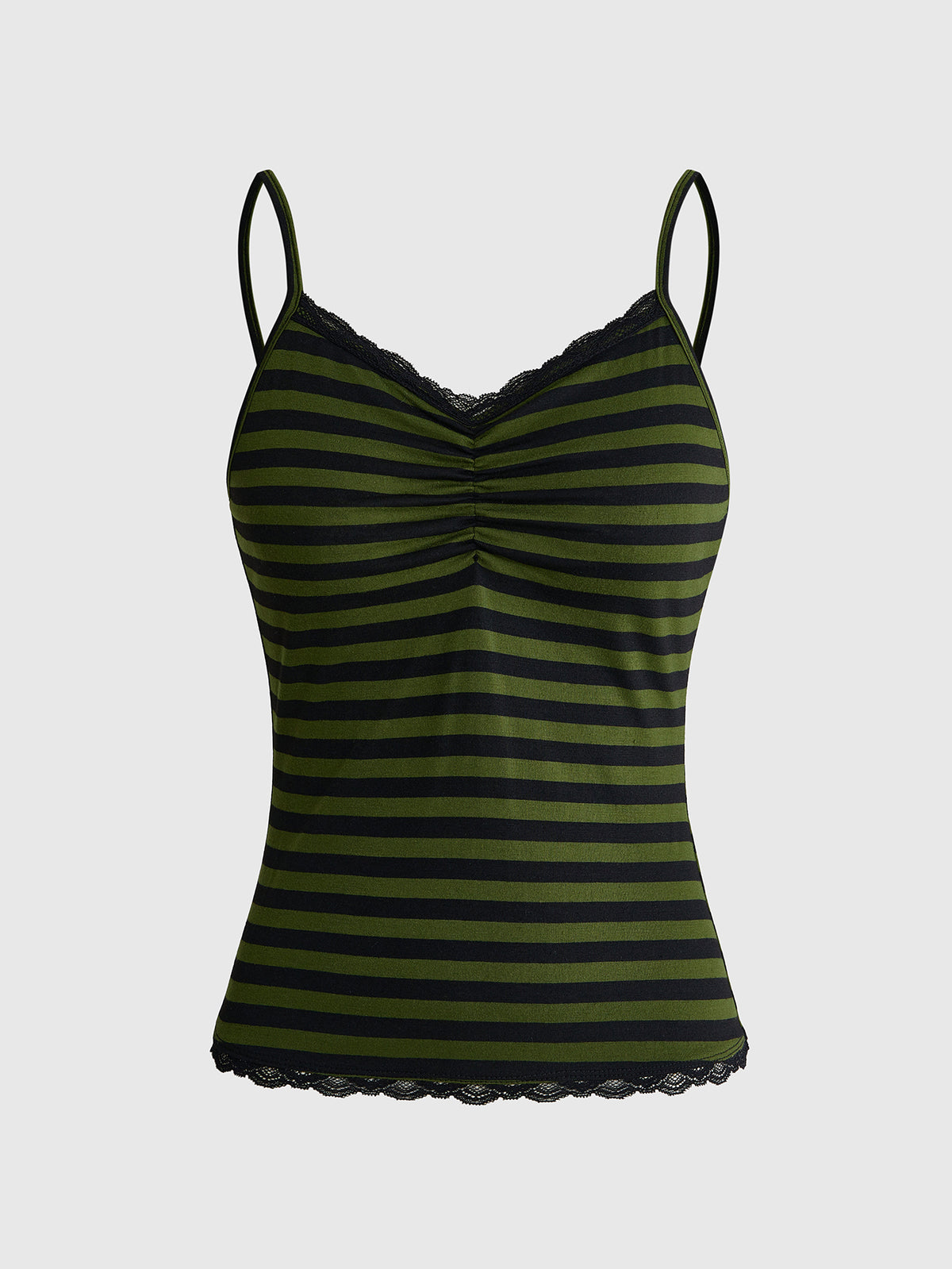 Burgundy and black striped lace trim camisole with spaghetti straps and ruched rib-knit detail.