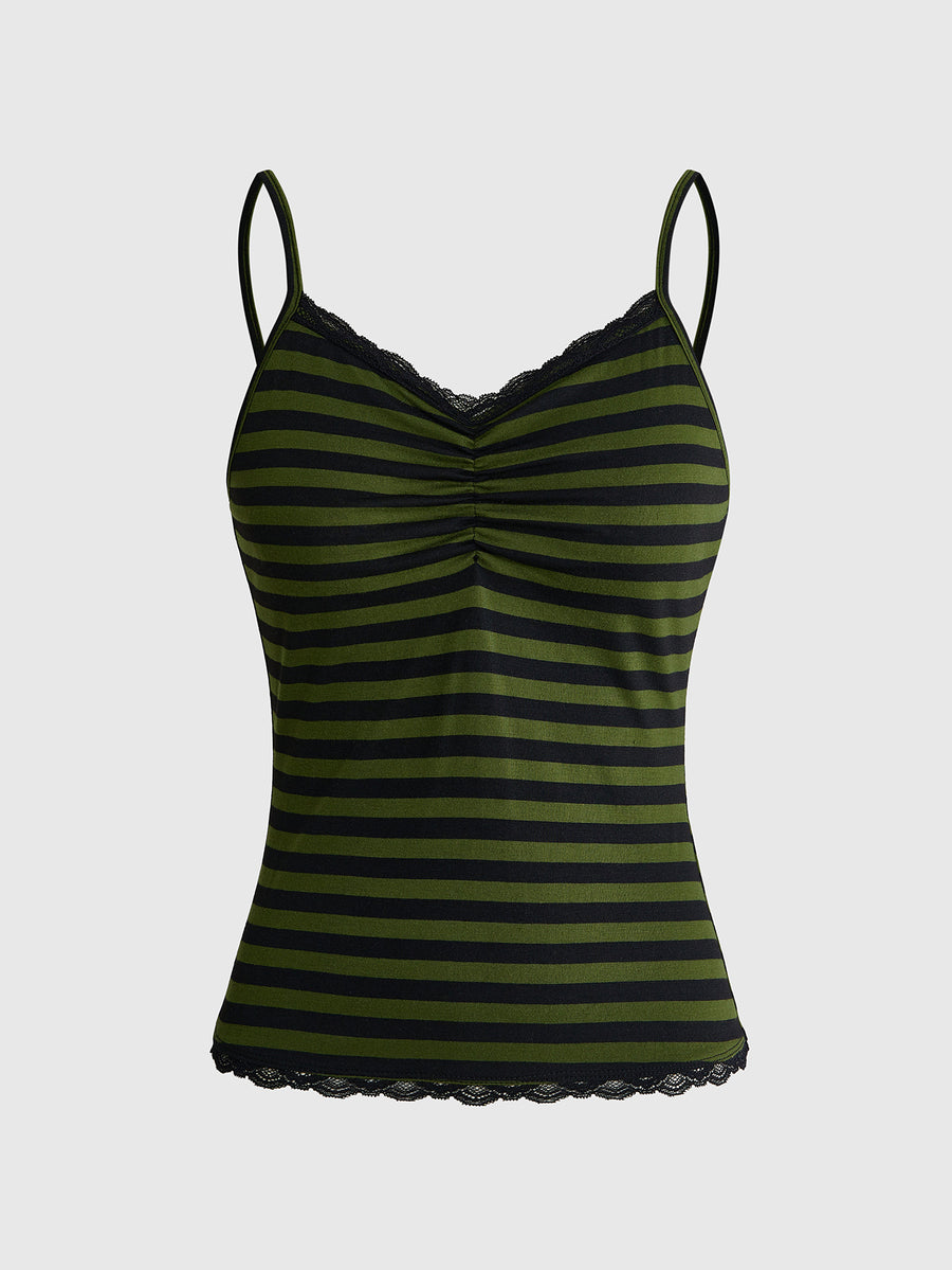 Burgundy and black striped lace trim camisole with spaghetti straps and ruched rib-knit detail.