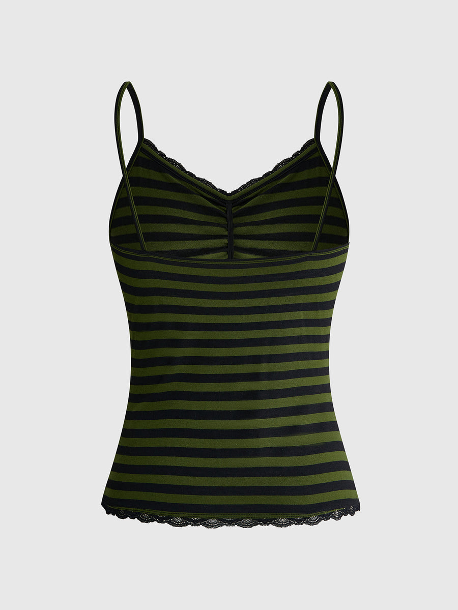 Burgundy and black striped lace trim camisole with spaghetti straps and ruched rib-knit detail.