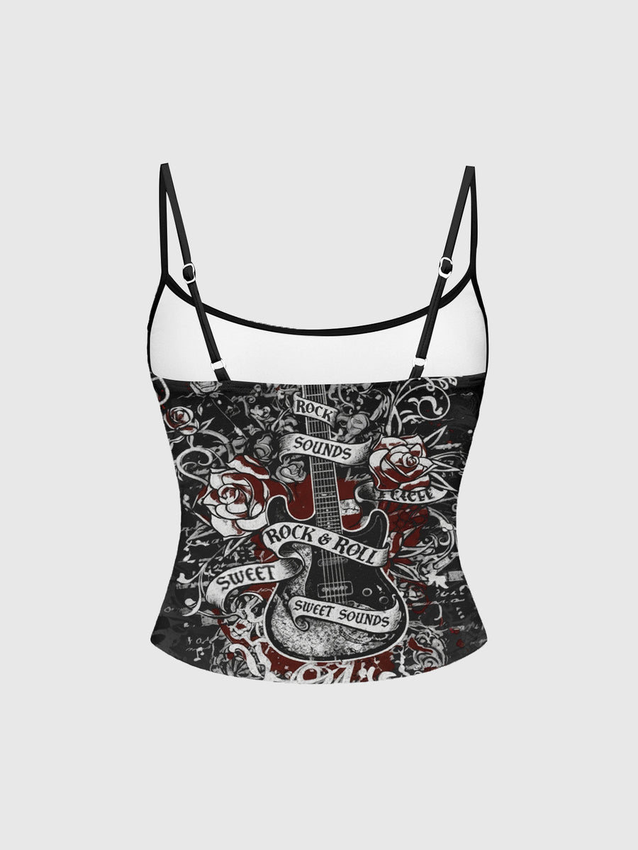 Black ribbed spaghetti strap tank top for women with dark pattern print, slim fit silhouette, and stretch knit fabric.