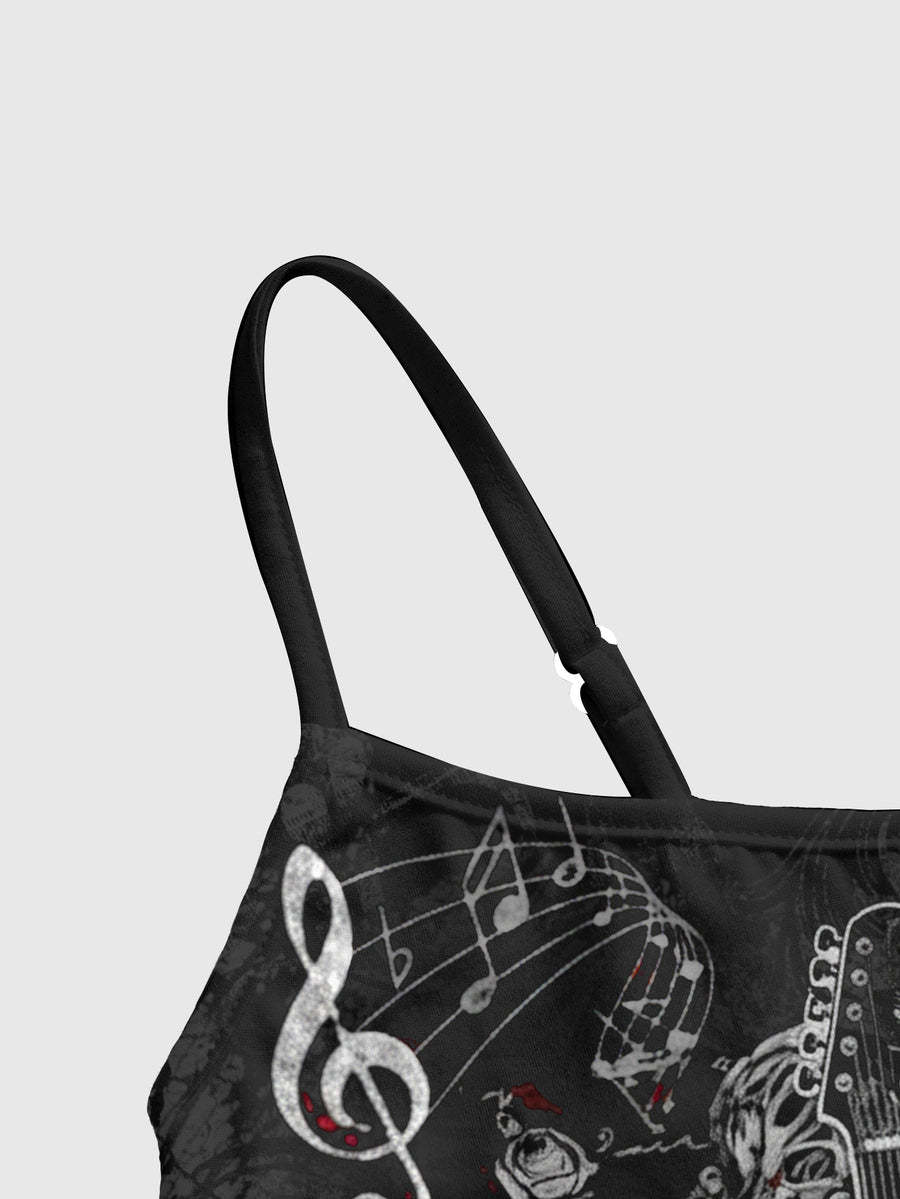 Black ribbed spaghetti strap tank top for women with dark pattern print, slim fit silhouette, and stretch knit fabric.