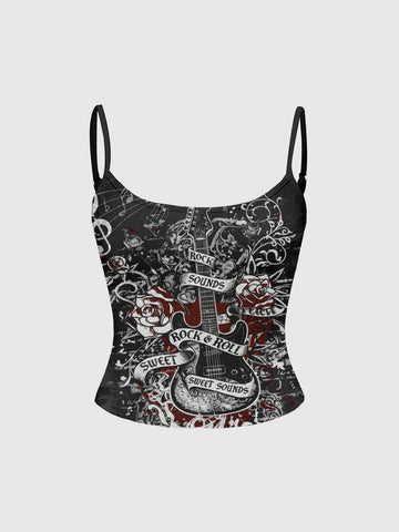 Black ribbed spaghetti strap tank top for women with dark pattern print, slim fit silhouette, and stretch knit fabric.