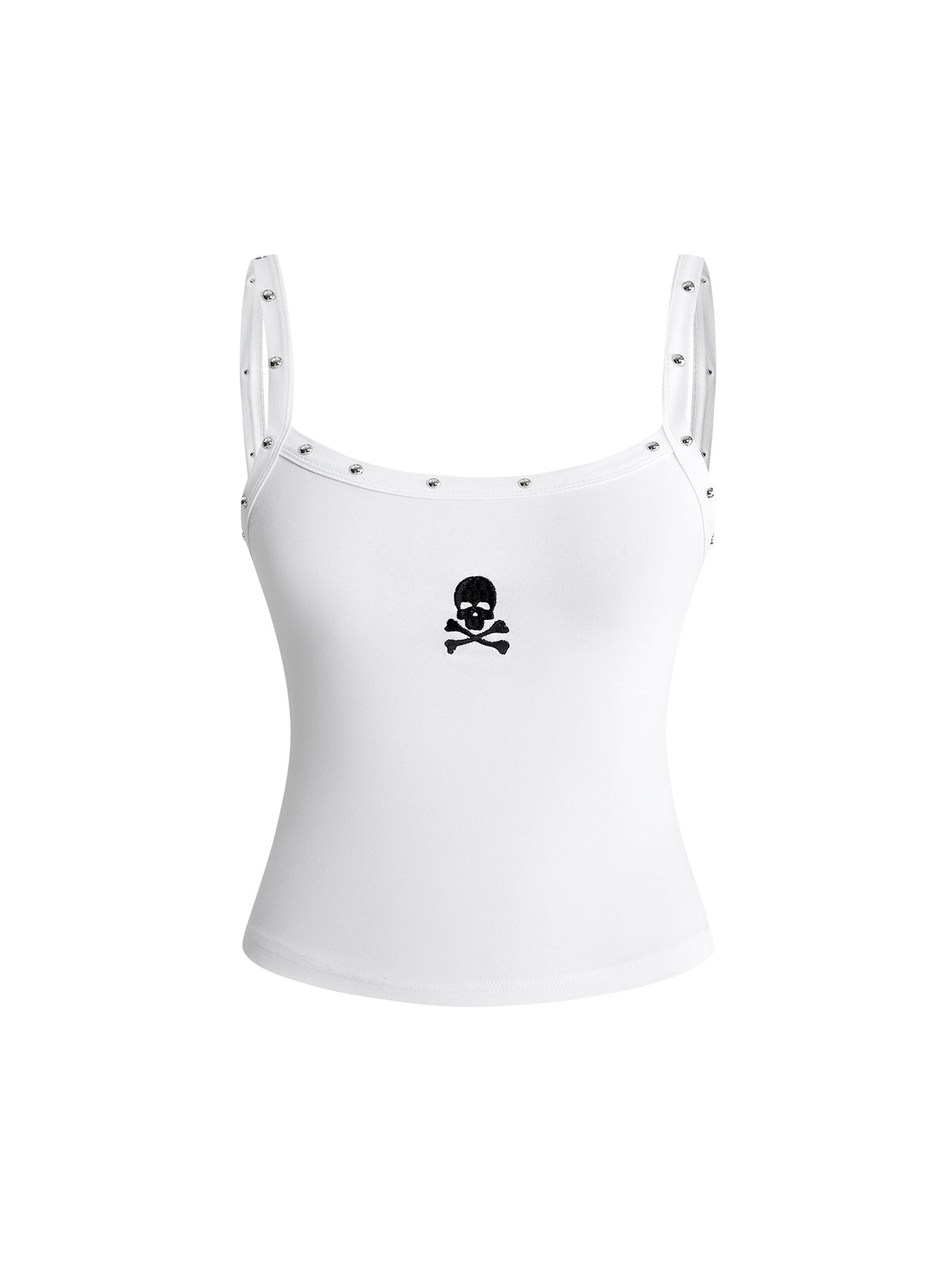 Women's black slim fit cami tank top featuring rhinestone skull accents, shoulder straps, and high-stretch knitted fabric.