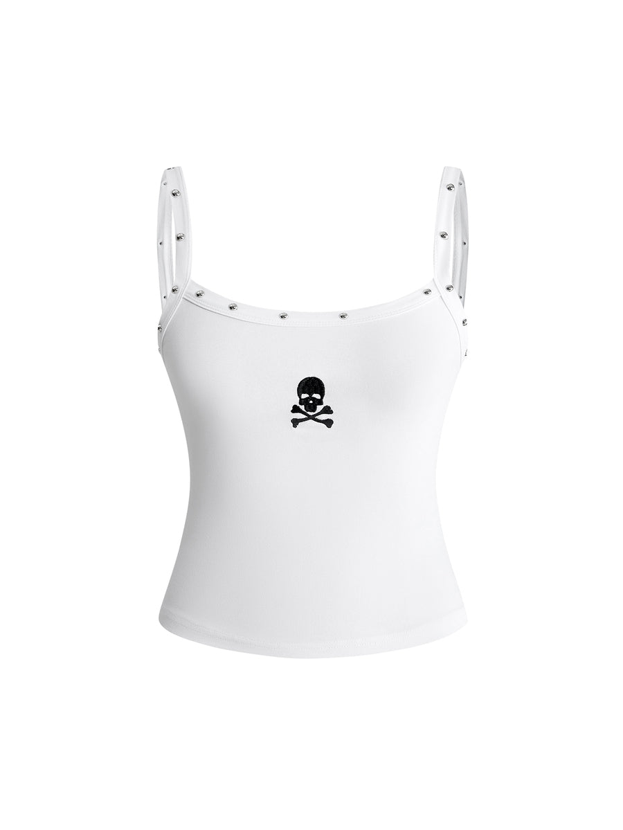 Women's black slim fit cami tank top featuring rhinestone skull accents, shoulder straps, and high-stretch knitted fabric.
