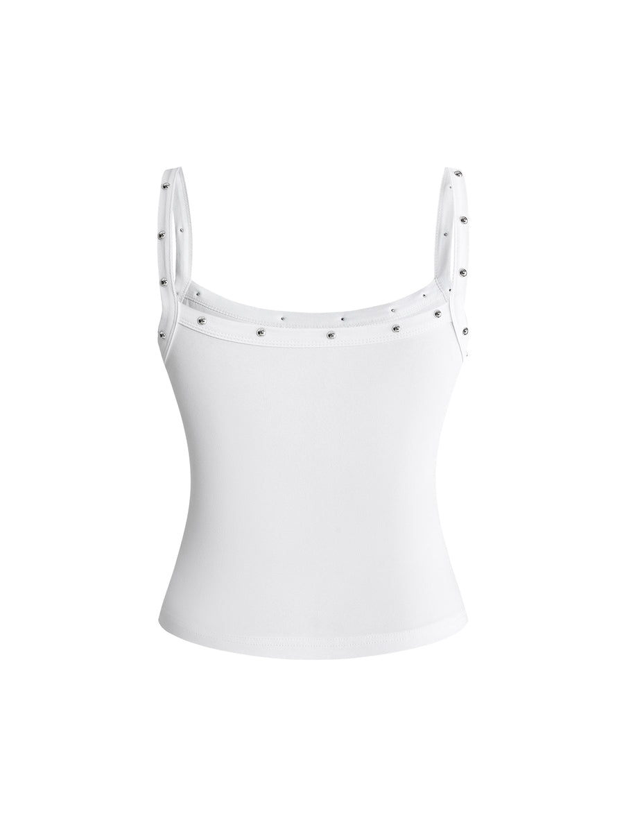 Women's black slim fit cami tank top featuring rhinestone skull accents, shoulder straps, and high-stretch knitted fabric.
