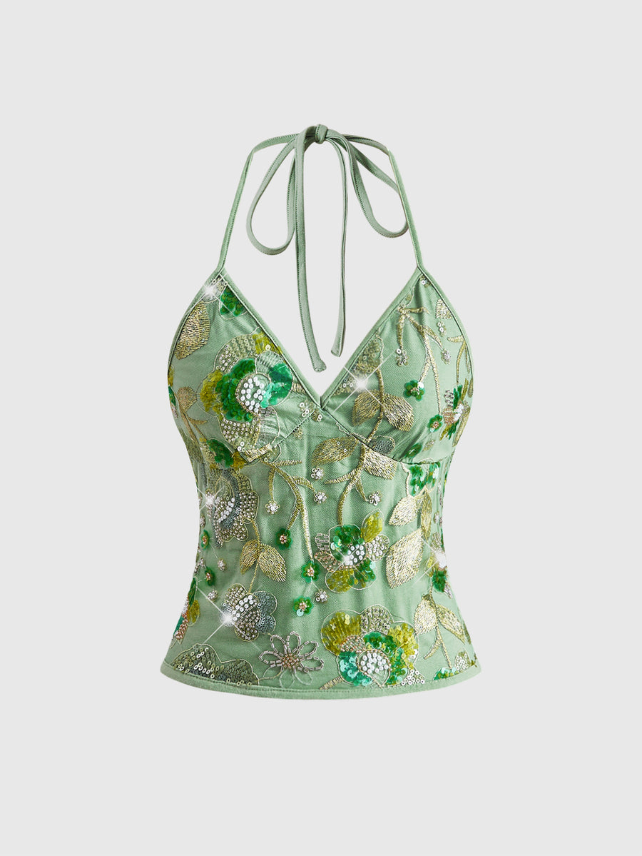 Women's floral embroidery backless halter crop top featuring contrast lace, ruched detailing, and slim fit in knitted pink fabric.