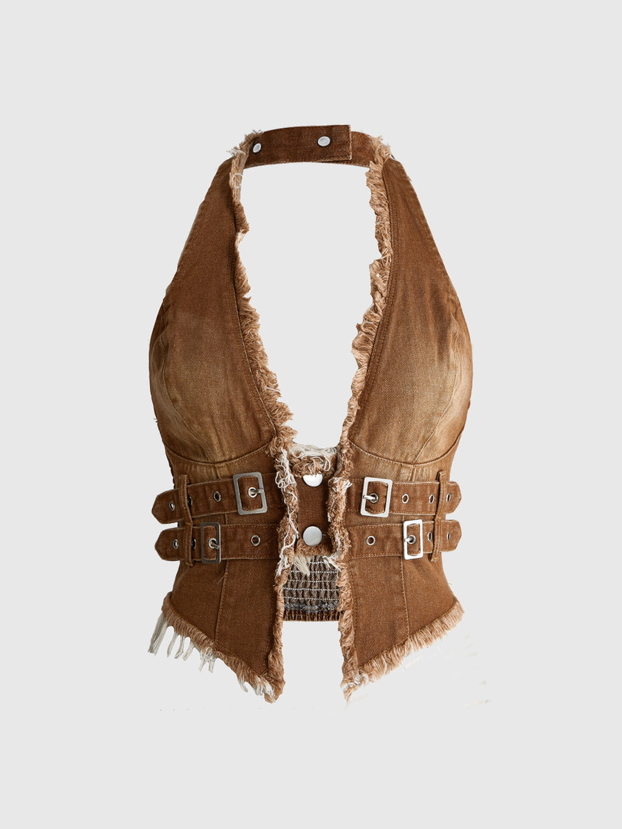 Women's denim halter crop top featuring a backless design, asymmetrical hem, single-breasted front, and lettuce trim.