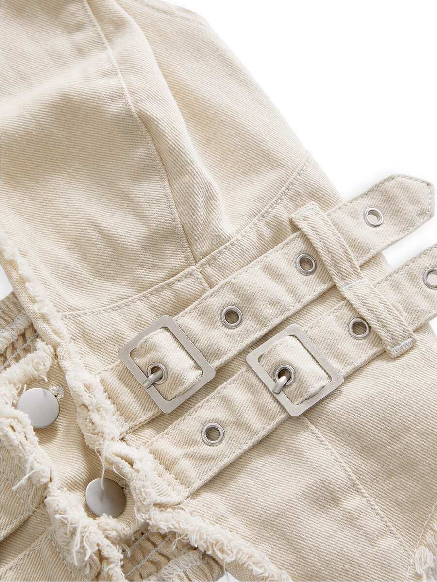 Women's denim halter crop top featuring a backless design, asymmetrical hem, single-breasted front, and lettuce trim.