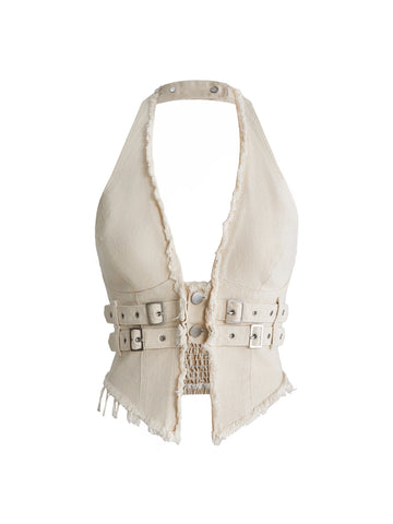 Women's denim halter crop top featuring a backless design, asymmetrical hem, single-breasted front, and lettuce trim.