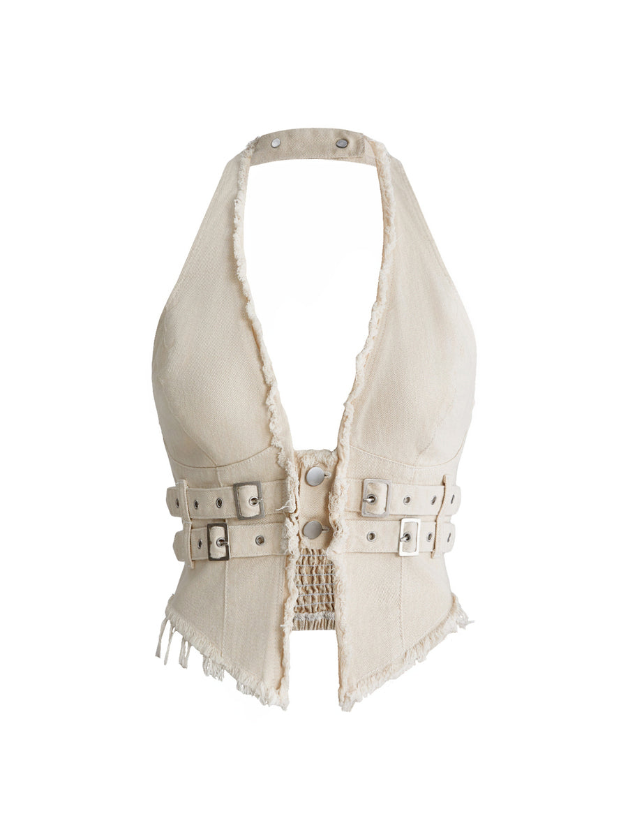 Women's denim halter crop top featuring a backless design, asymmetrical hem, single-breasted front, and lettuce trim.