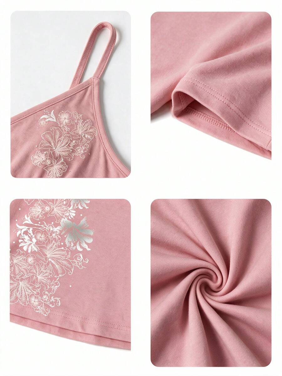 Women's slim fit spaghetti strap cami top featuring a tropical hibiscus floral graphic print.