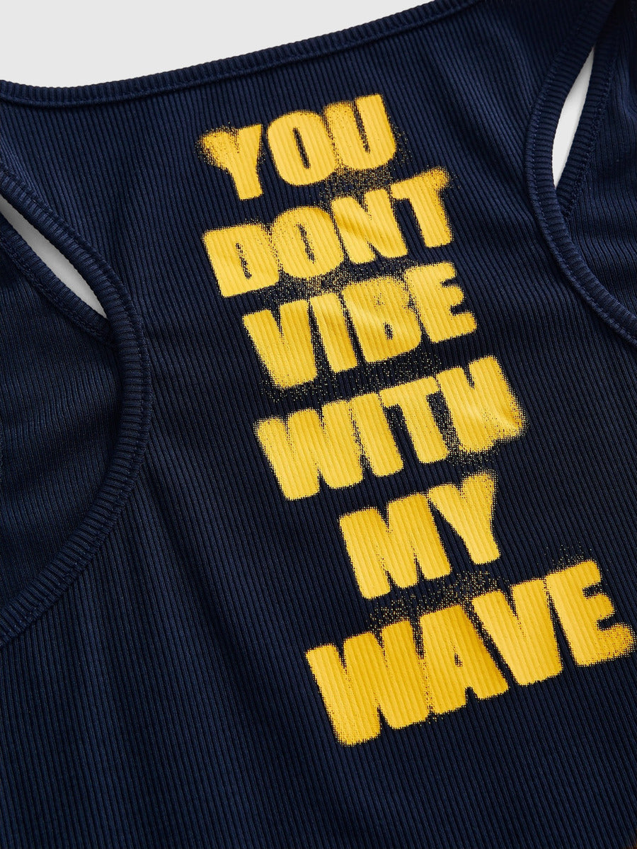 Women's slim fit scoop neck tank top in knitted fabric featuring a bold graphic letter slogan print on the front.