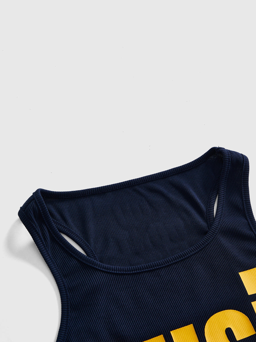 Women's slim fit scoop neck tank top in knitted fabric featuring a bold graphic letter slogan print on the front.