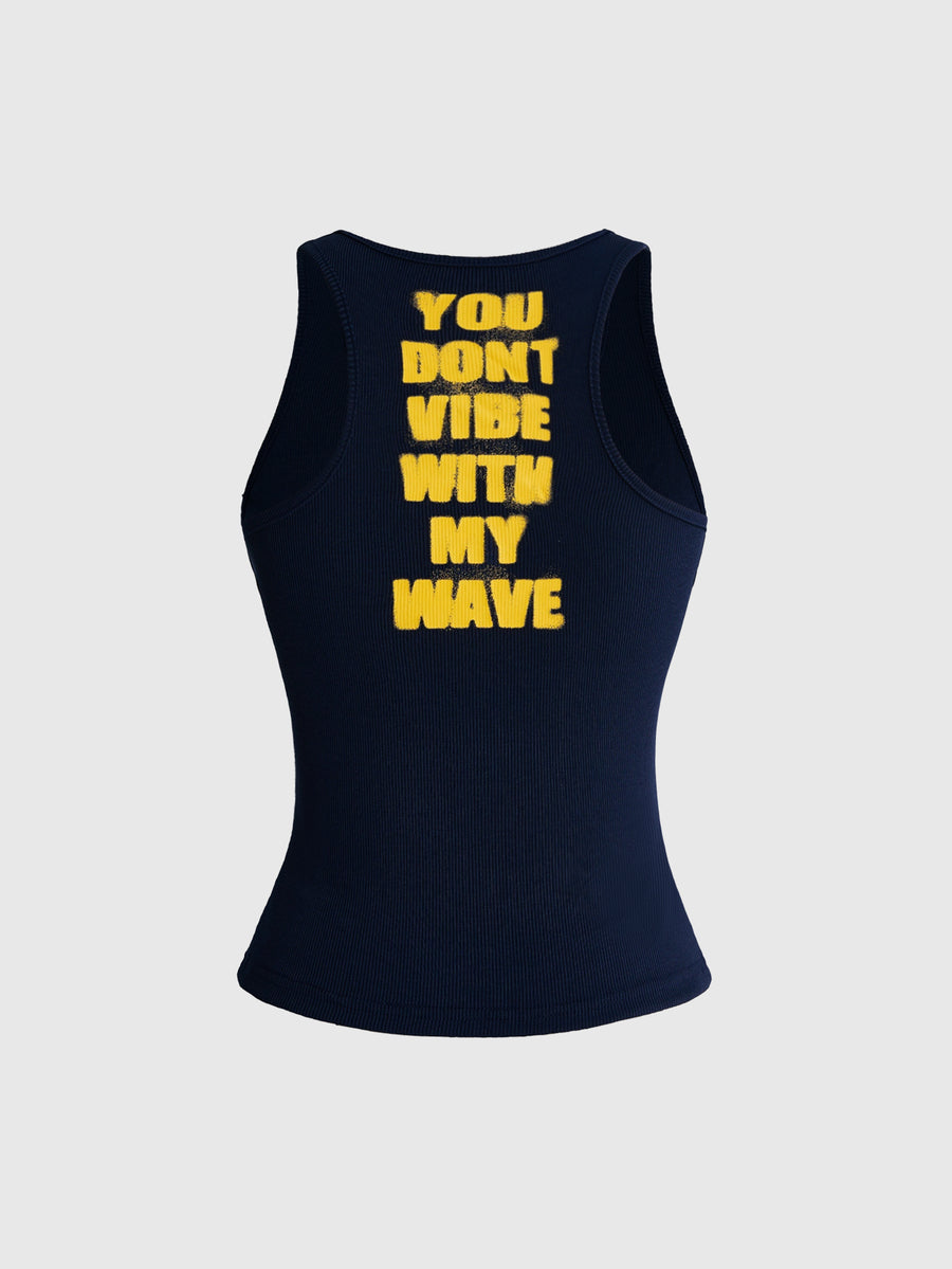 Women's slim fit scoop neck tank top in knitted fabric featuring a bold graphic letter slogan print on the front.