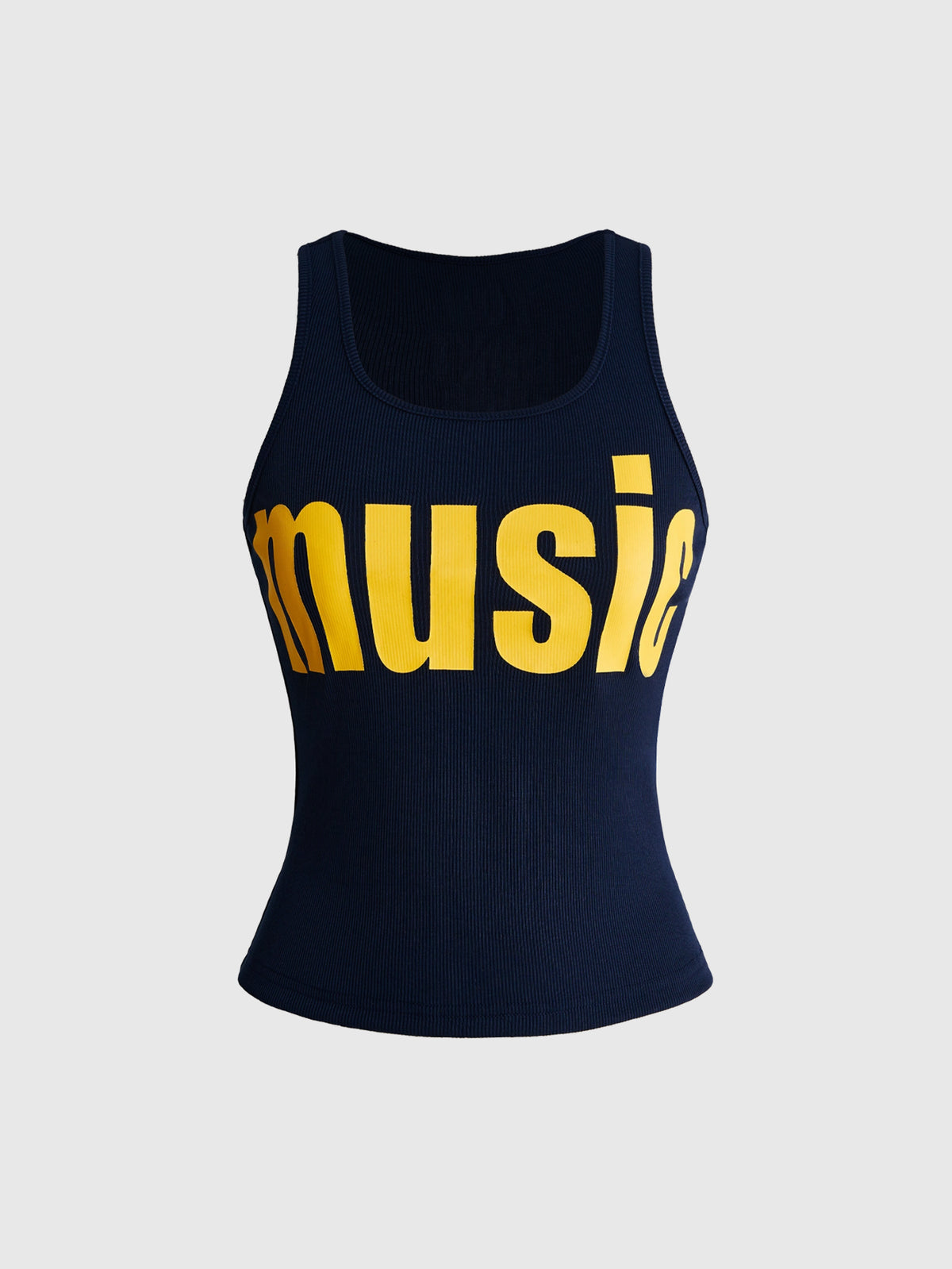 Women's slim fit scoop neck tank top in knitted fabric featuring a bold graphic letter slogan print on the front.