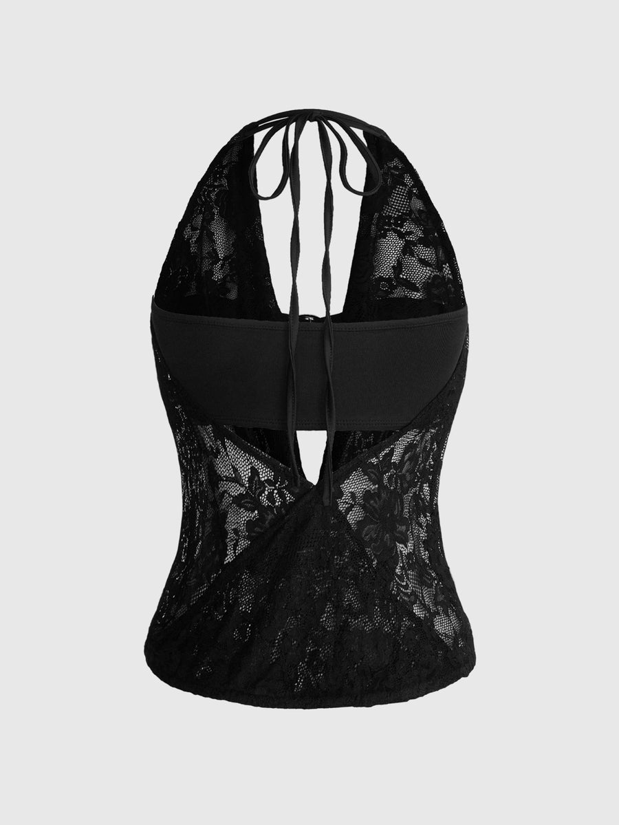 Women's cowl neck halter crop tank top featuring a draped backless design and matching bandeau inner layer.