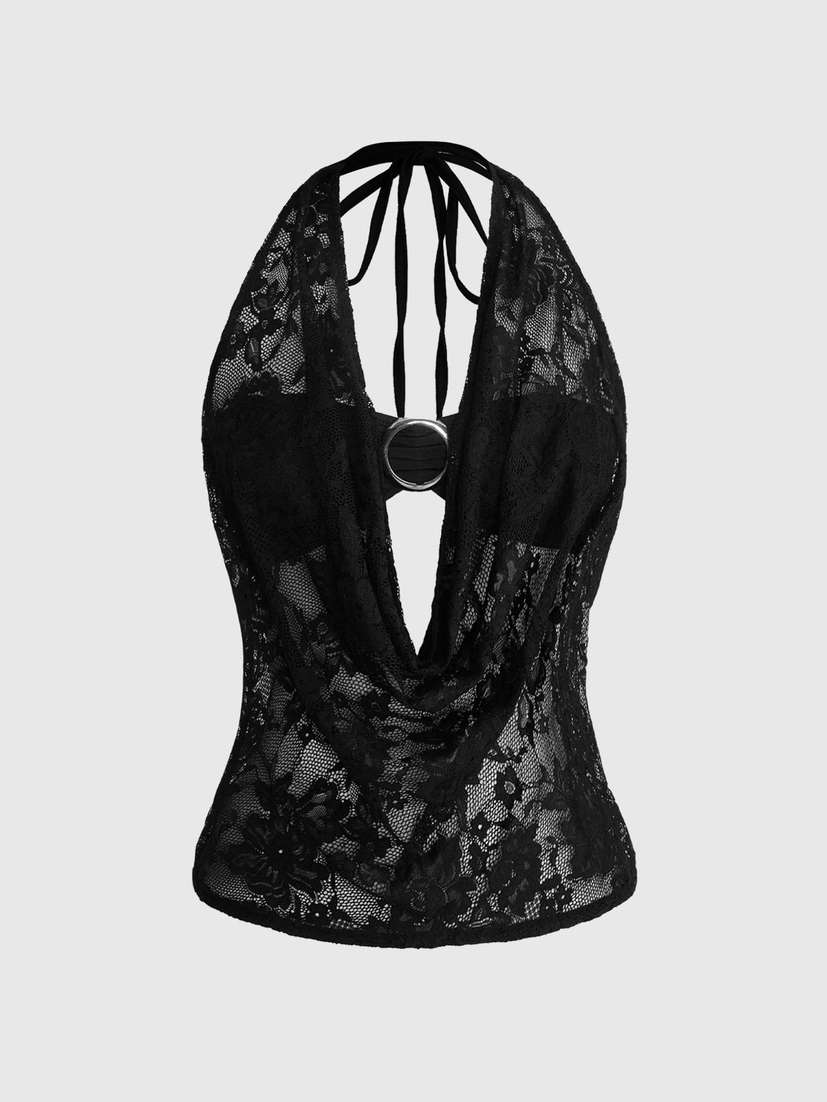 Women's cowl neck halter crop tank top featuring a draped backless design and matching bandeau inner layer.