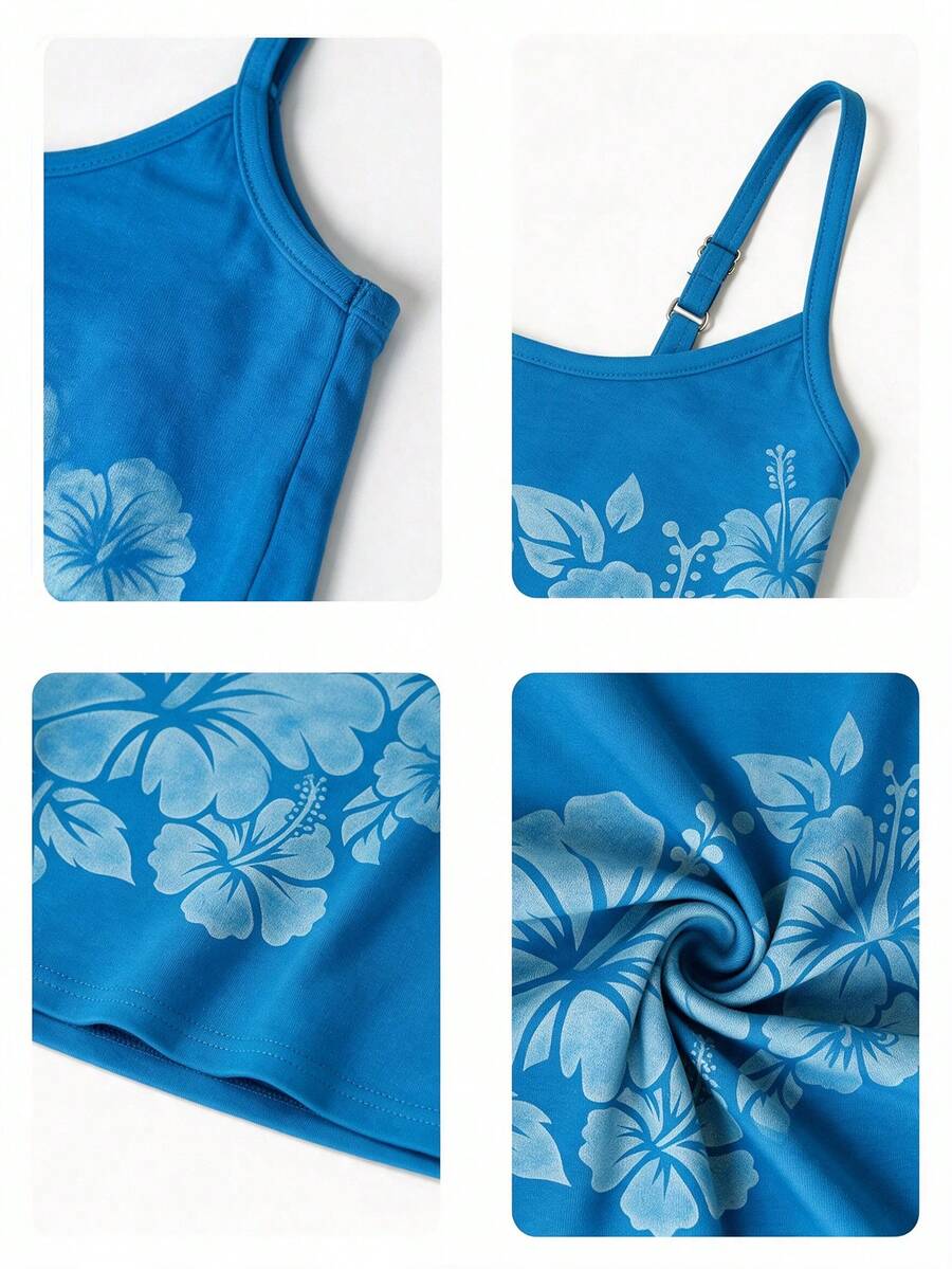 Women's blue floral print spaghetti strap camisole top in a slim fit short length design