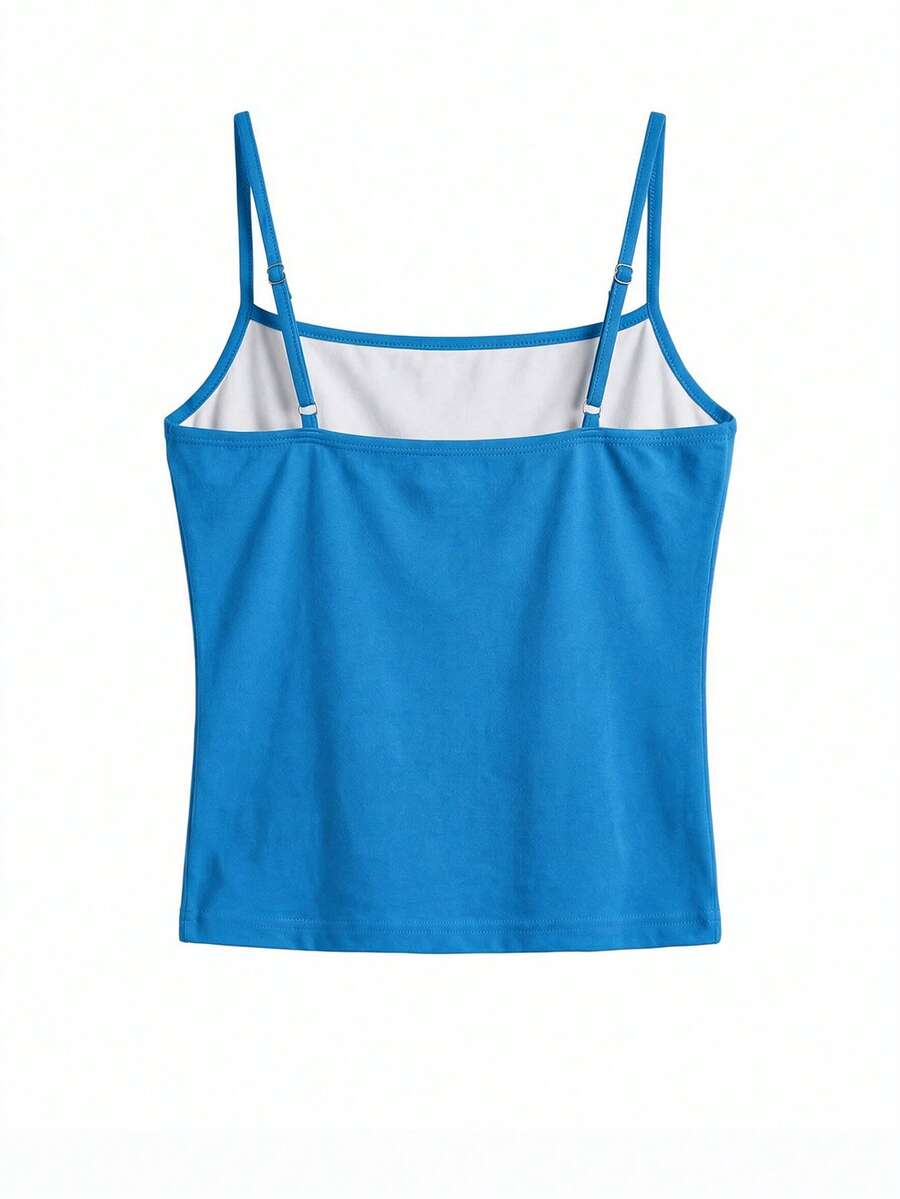 Women's blue floral print spaghetti strap camisole top in a slim fit short length design