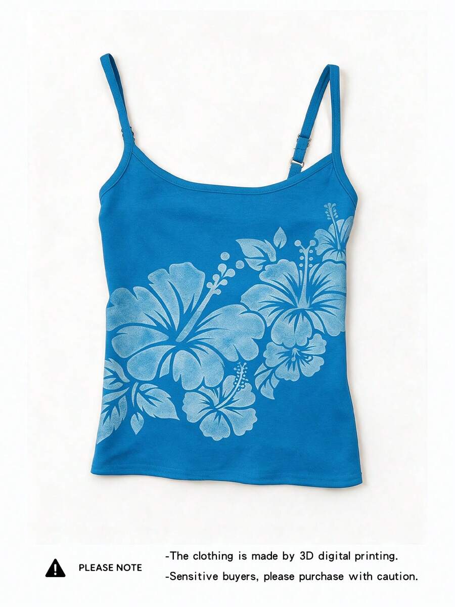 Women's blue floral print spaghetti strap camisole top in a slim fit short length design
