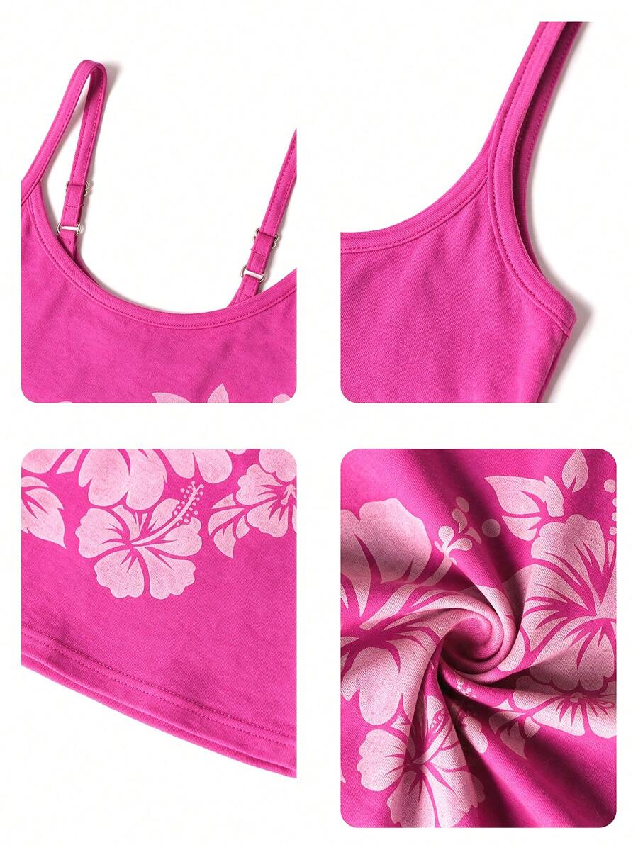 Women's blue floral print spaghetti strap camisole top in a slim fit short length design