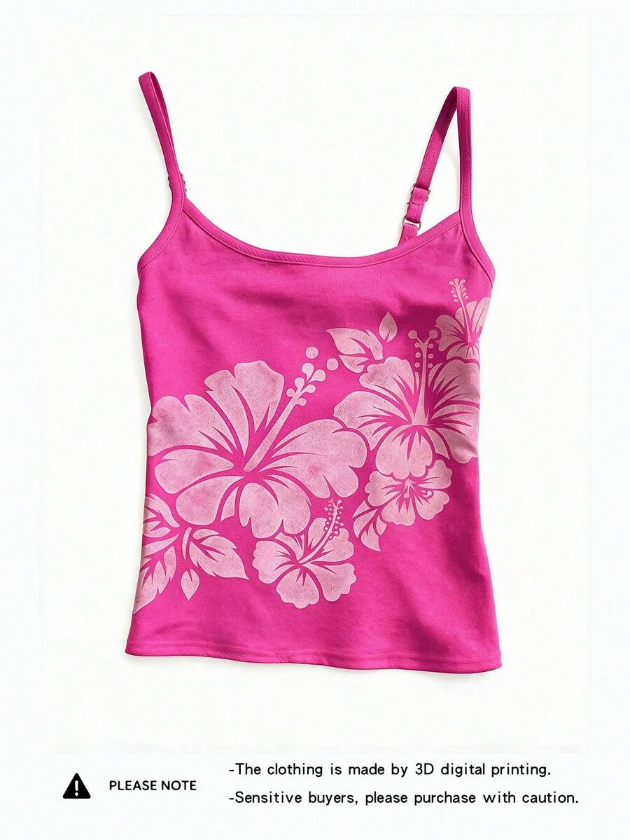 Women's blue floral print spaghetti strap camisole top in a slim fit short length design