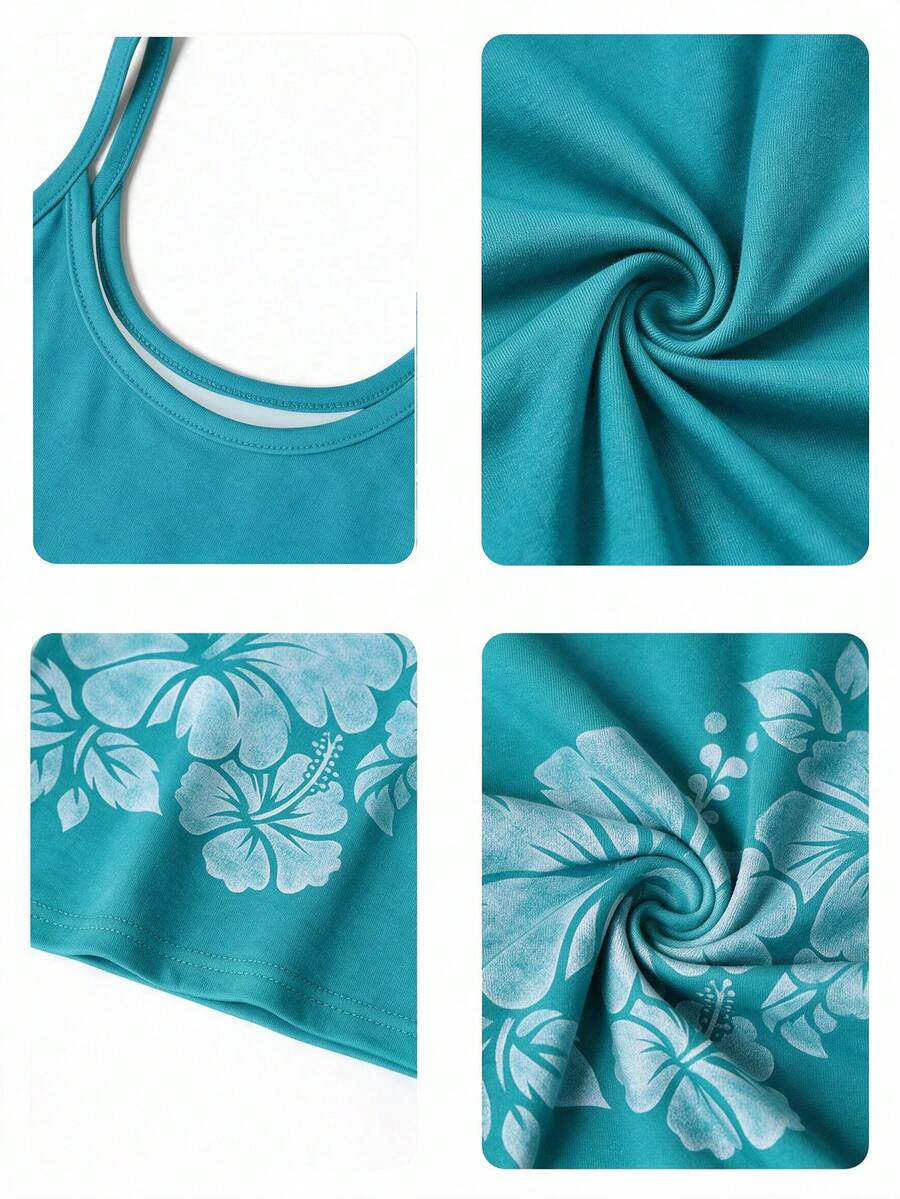 Women's blue floral print spaghetti strap camisole top in a slim fit short length design