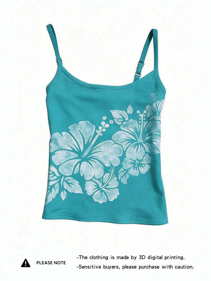 Women's blue floral print spaghetti strap camisole top in a slim fit short length design