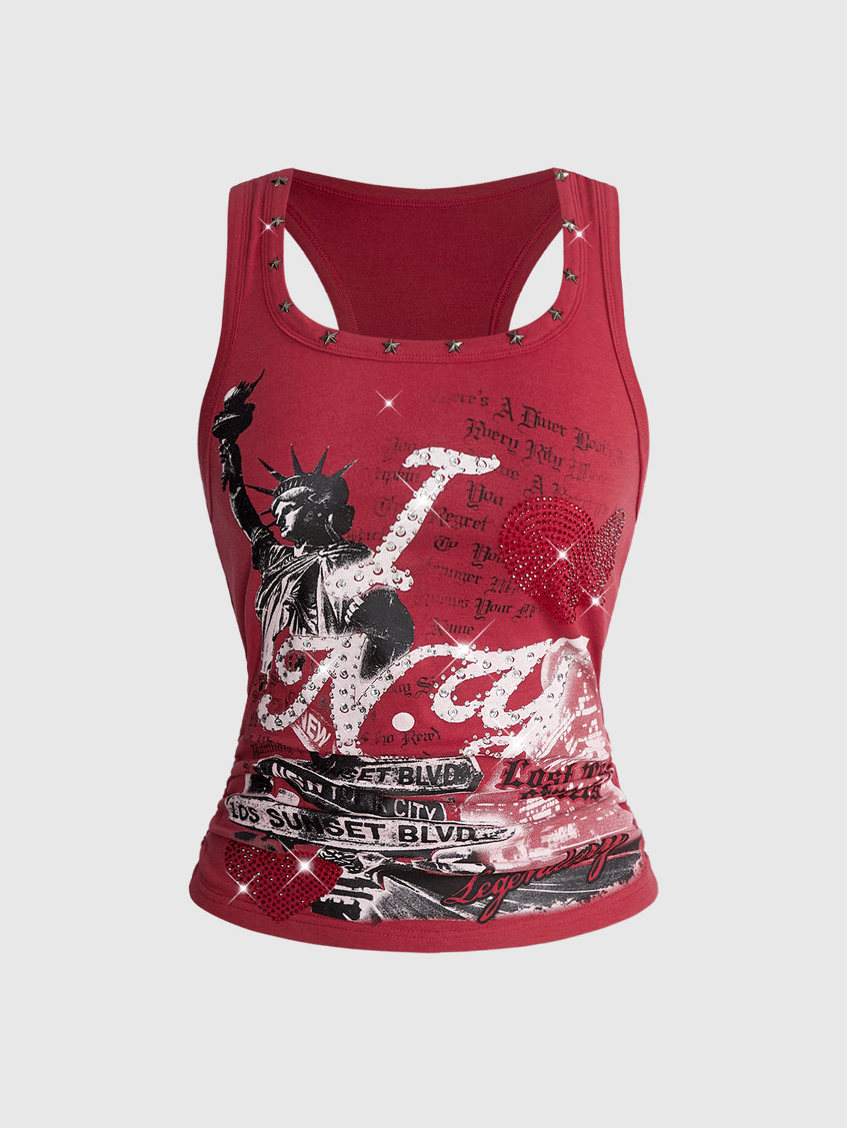 Women's white scoop neck tank top with a rhinestone slogan print in a slim fit stretch style.