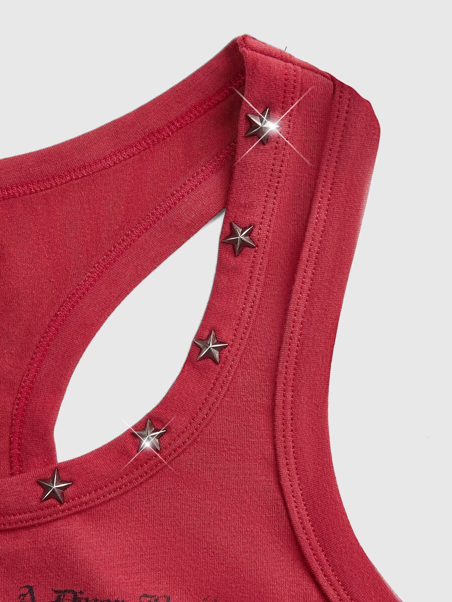 Women's white scoop neck tank top with a rhinestone slogan print in a slim fit stretch style.
