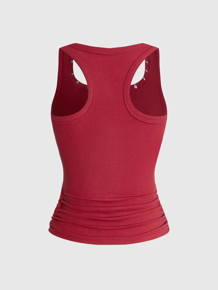 Women's white scoop neck tank top with a rhinestone slogan print in a slim fit stretch style.