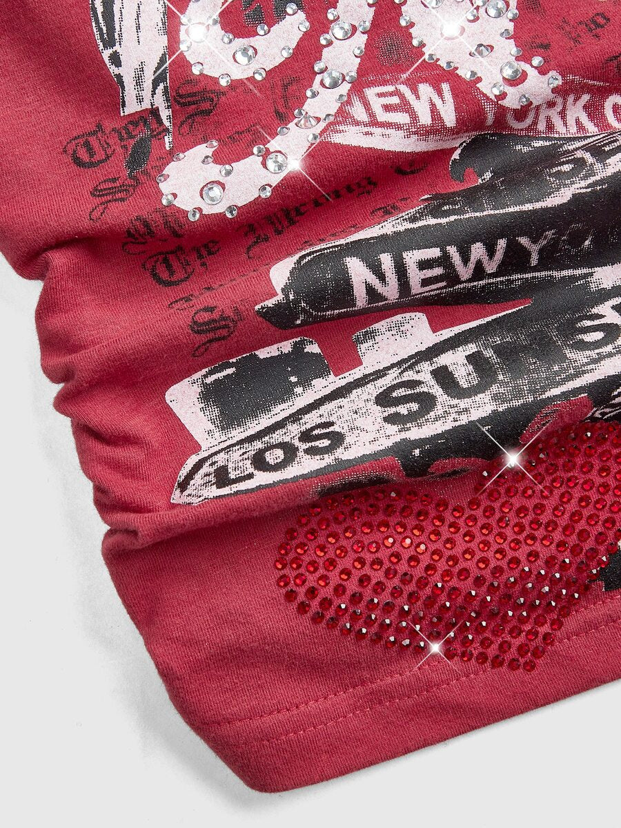 Women's white scoop neck tank top with a rhinestone slogan print in a slim fit stretch style.