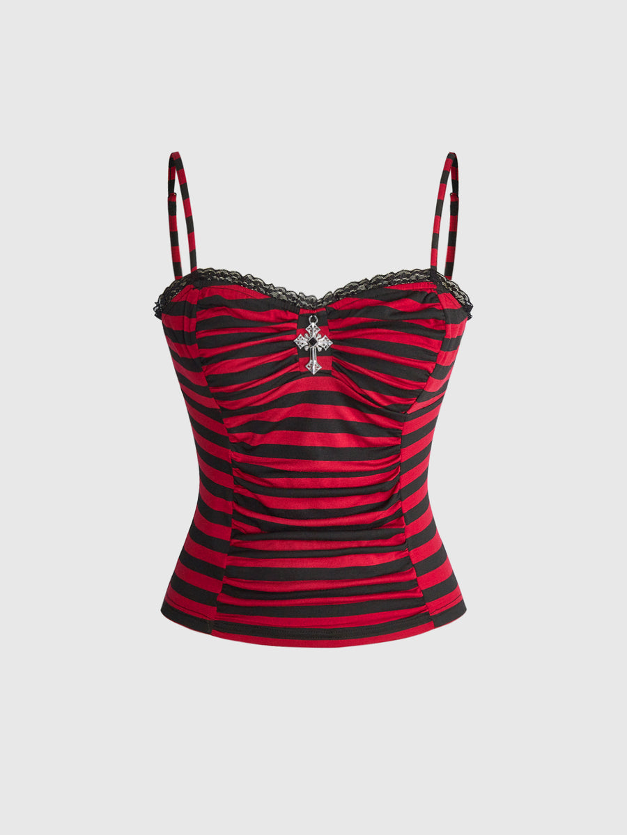 A black gothic slim-fit tank top featuring contrast lace patchwork detailing, ruched frill trim, and thin spaghetti straps made from soft knitted stretch fabric.