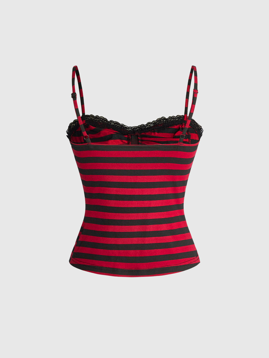 A black gothic slim-fit tank top featuring contrast lace patchwork detailing, ruched frill trim, and thin spaghetti straps made from soft knitted stretch fabric.