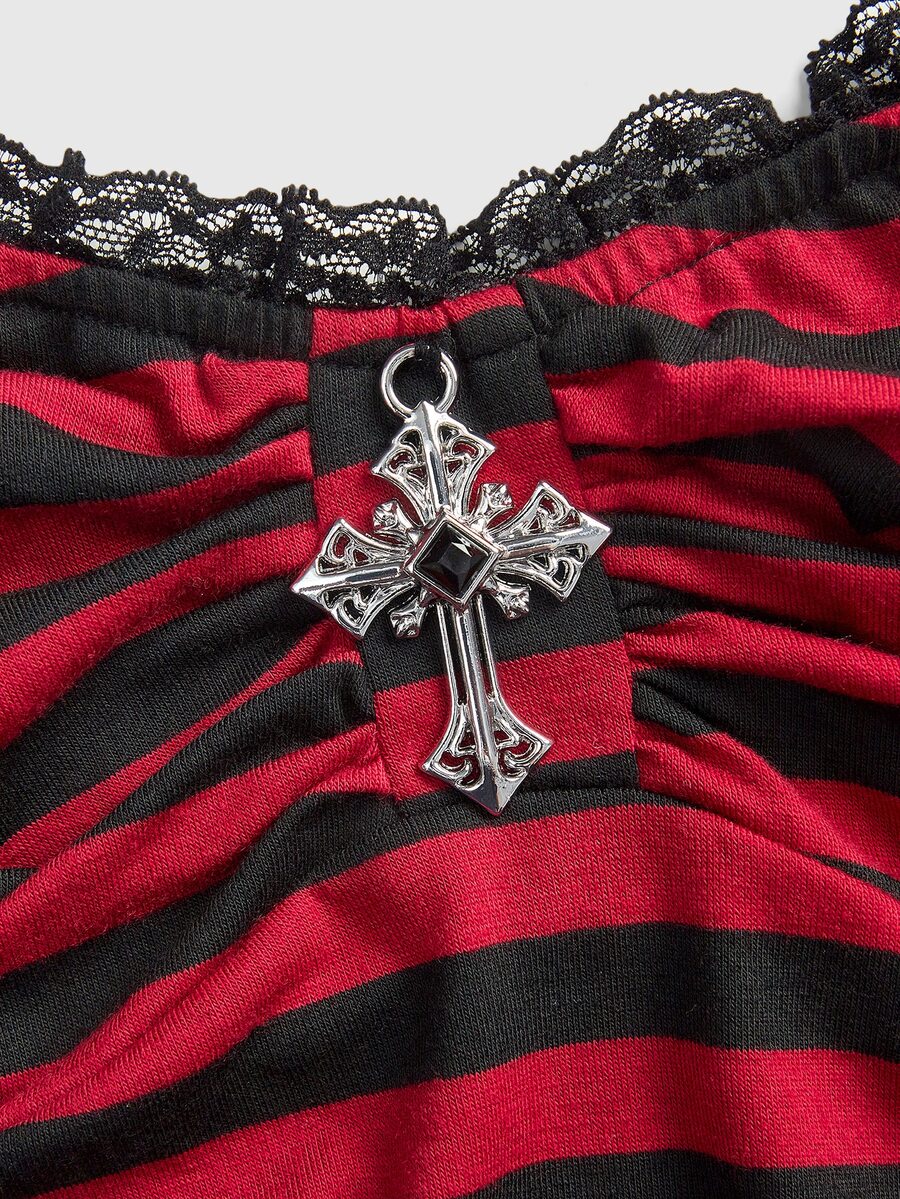 A black gothic slim-fit tank top featuring contrast lace patchwork detailing, ruched frill trim, and thin spaghetti straps made from soft knitted stretch fabric.