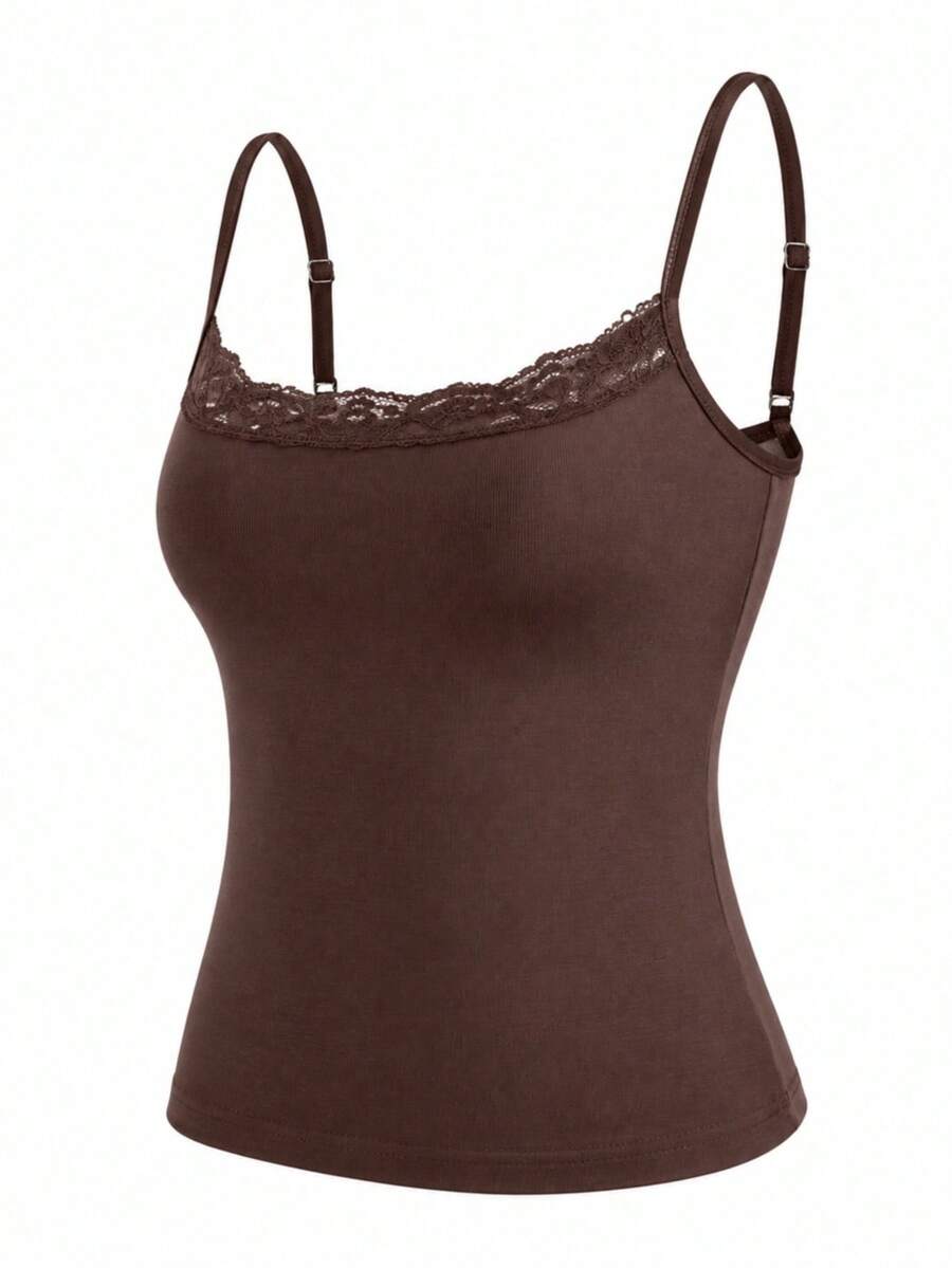 Black striped slim fit camisole top featuring contrast lace trim and delicate spaghetti straps.