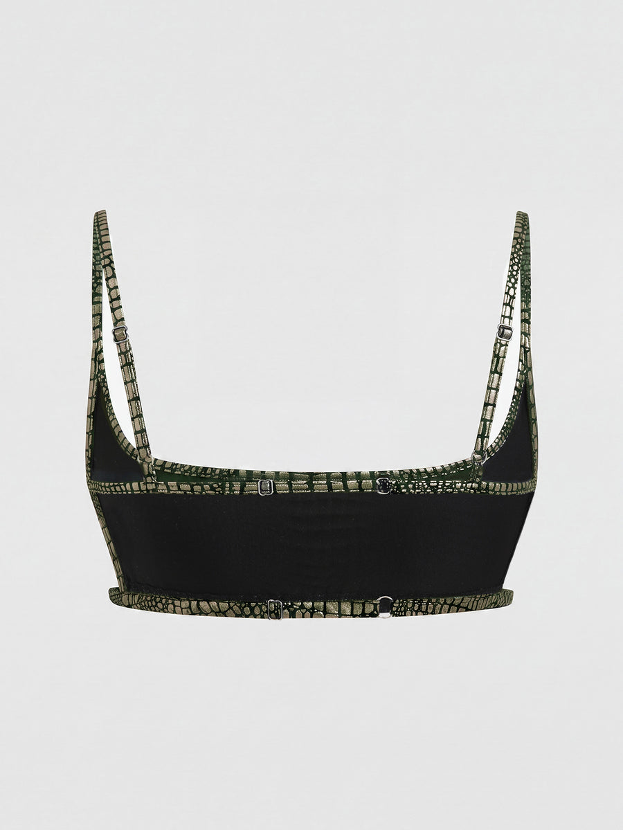 Women's black cropped camisole top with faux crocodile texture, backless spaghetti straps, and matching arm sleeves.
