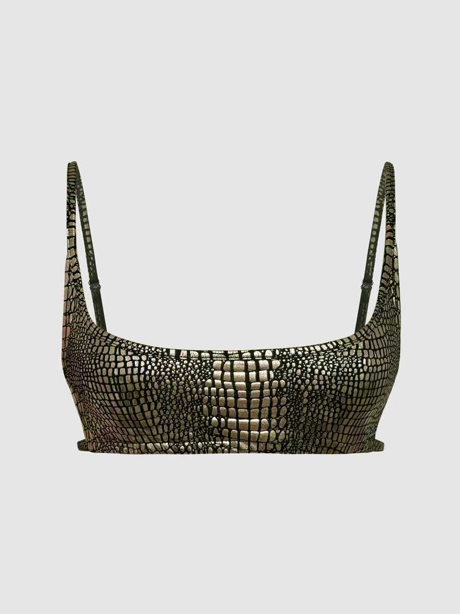 Women's black cropped camisole top with faux crocodile texture, backless spaghetti straps, and matching arm sleeves.